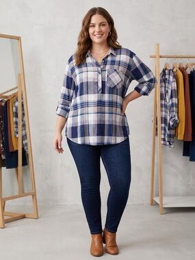 NWT ID:23 Plaid Button-Neck Shirt Tunic - Blue & White size 3x 3/4 sleeves soft